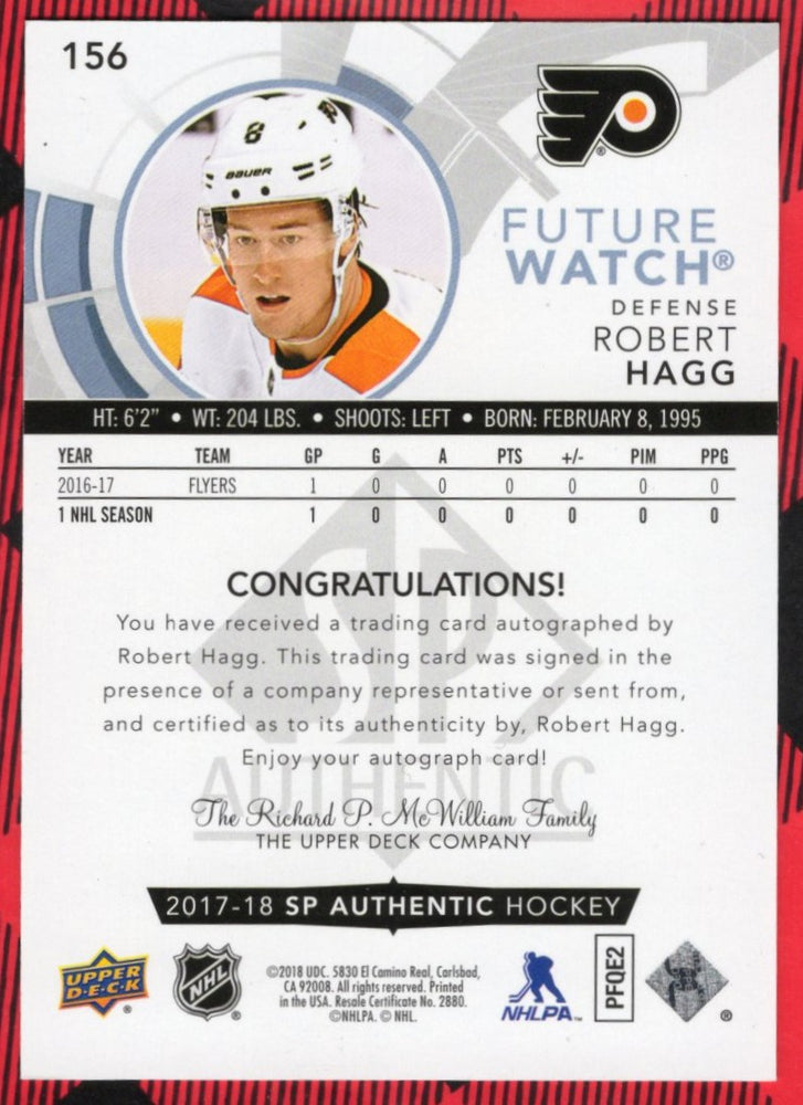 2017-18 Upper Deck Sp Authentic Autographed Future Watch #156 Rookie Rc Auto Robert Hagg /999