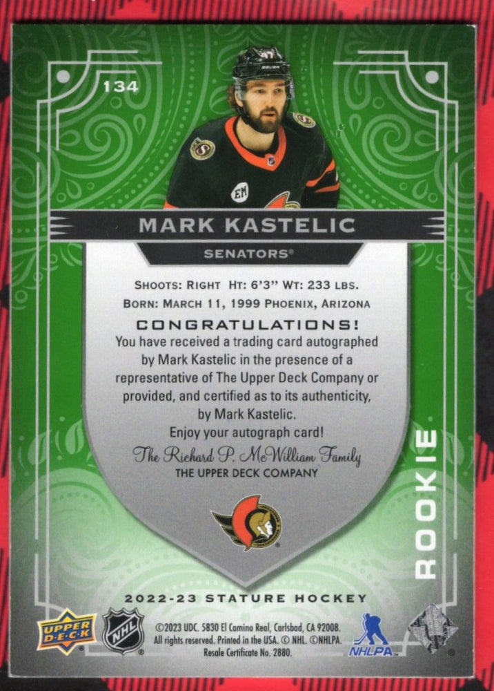 2022-23 Upper Deck Stature Green Auto #134 Rookie Rc Auto Mark Kastelic /65