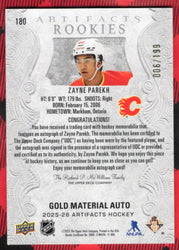2025-26 Upper Deck Artifacts Artifacts Rookies Gold Material Auto #180 Rookie Rc Auto Zayne Parekh /199