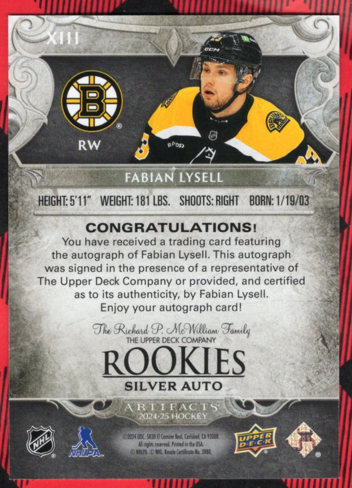 2024-25 Upper Deck Artifacts Rookies Silver Auto Xiii Rookie Rc Auto Fabian Lysell