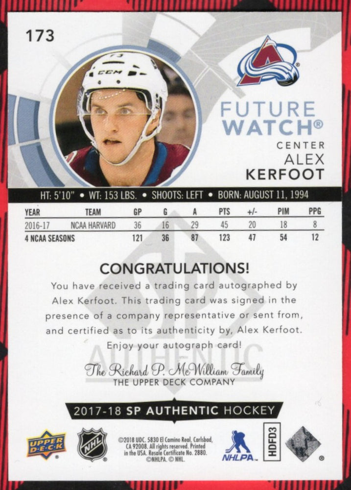 2017-18 Upper Deck Sp Authentic Autographed Future Watch #173 Rookie Rc Auto Alex Kerfoot /999