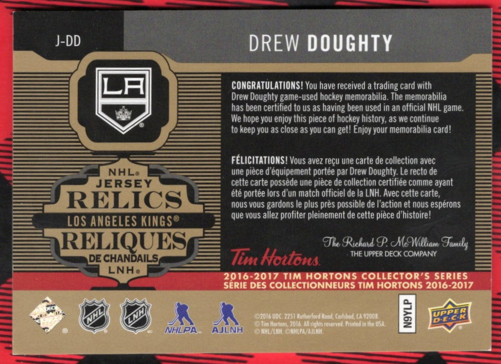 2016-17 Upper Deck Tim Hortons Collector'S Series Nhl Jersey Relics J-Dd Drew Doughty