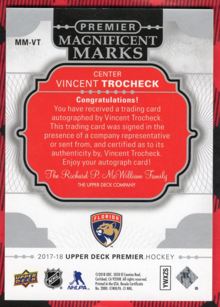 2017-18 Upper Deck Premier Hockey Magnificent Marks Mm-Vt Auto Vincent Trocheck