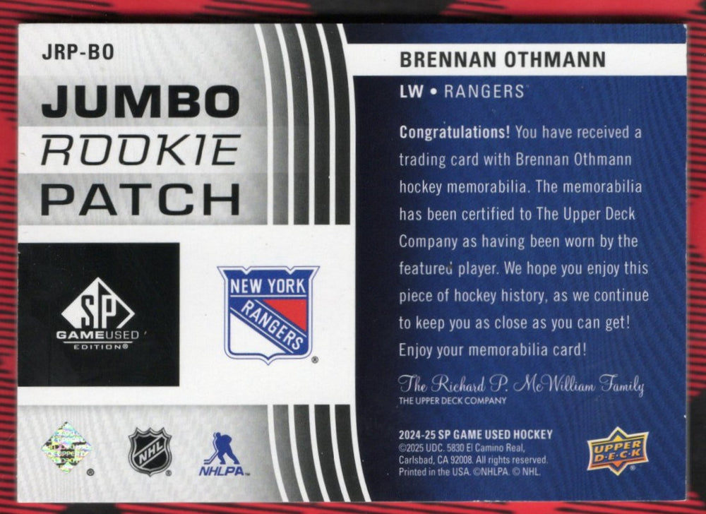 2024-25 Upper Deck Game Used Hockey Jumbo Rookie Patch Jrp-80 Rookie Rc Brendan Othmann /25