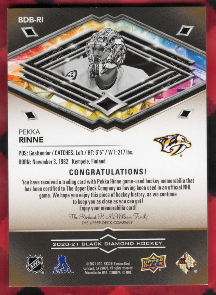 2020-21 Upper Deck Black Diamond Premium Relics Bdb-Ri Pekka Rinne /50