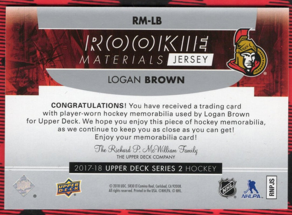 2017-18 Upper Deck Series 2 Rookie Materials Jersey Rm-Lb Rookie Rc Logan Brown