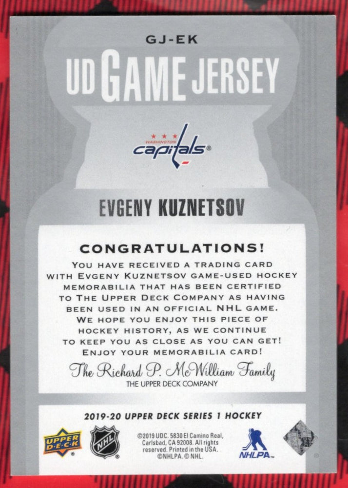 2019-20 Upper Deck Series 1 Ud Game Jersey Gj-Ek Evgeny Kuznetsov