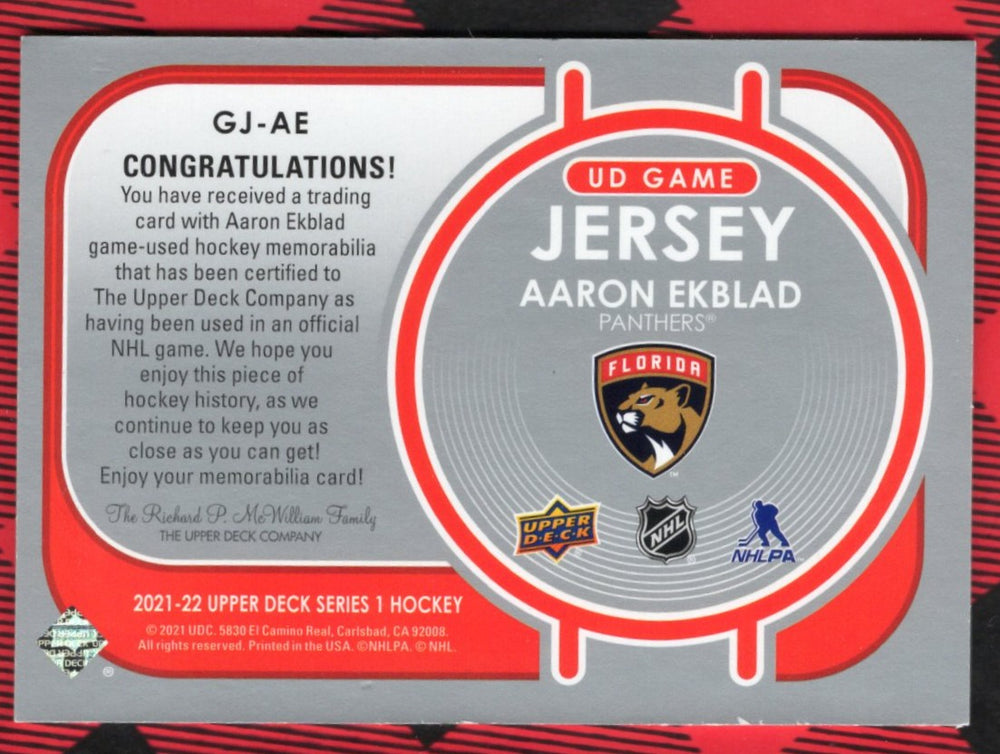 2021-22 Upper Deck Series 1 Ud Game Jersey Gj-Ae Aaron Ekblad