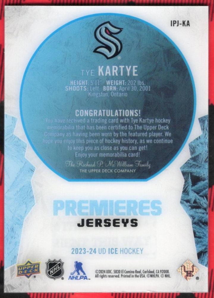 2023-24 Upper Deck Ud Ice Hockey Premieres Jerseys Ipj-Ka Rookie Rc Tye Kartye