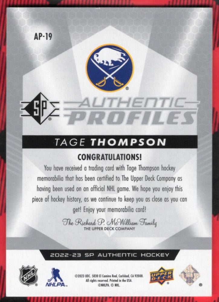 2022-23 Upper Deck Sp Authentic Authentic Profiles Ap-19 Tage Thompson