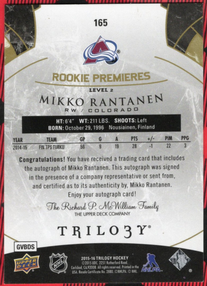 2015-16 Upper Deck Trilogy Rookie Premieres #165 Rookie Rc Mikko Rantanen /499