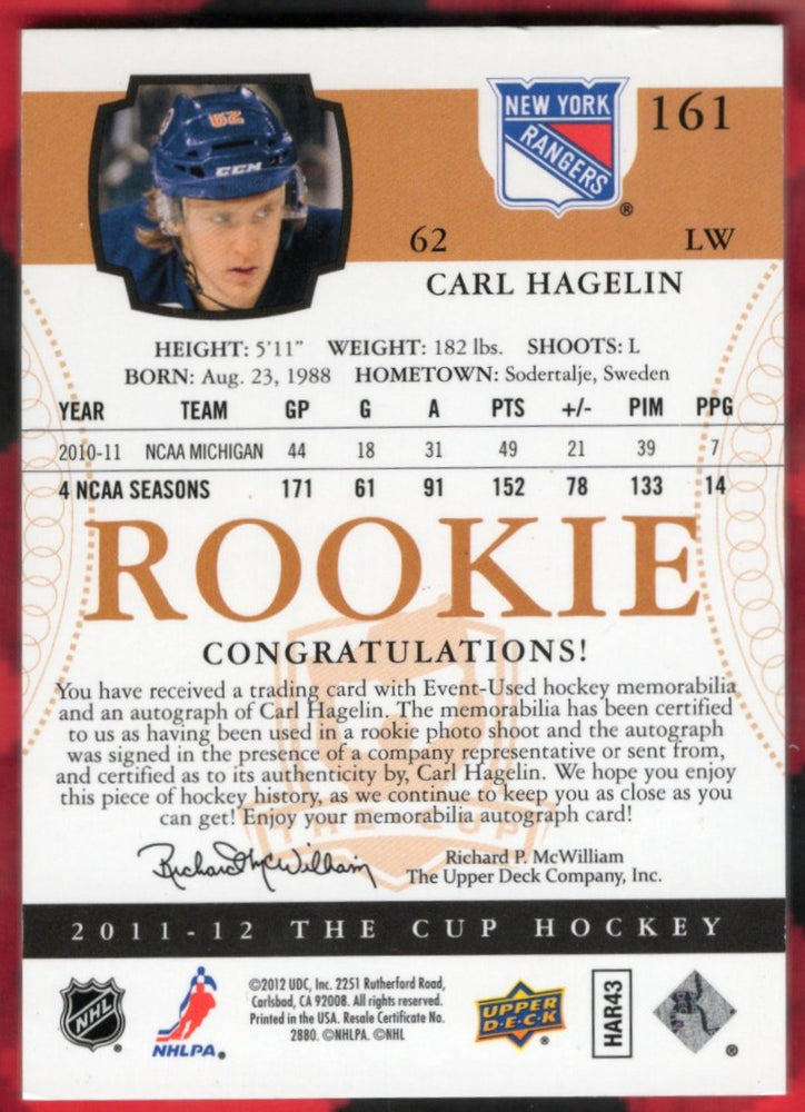 2011-12 Upper Deck The Cup Rookie Auto Patch #161 Rookie Rc Auto Carl Hagelin /62