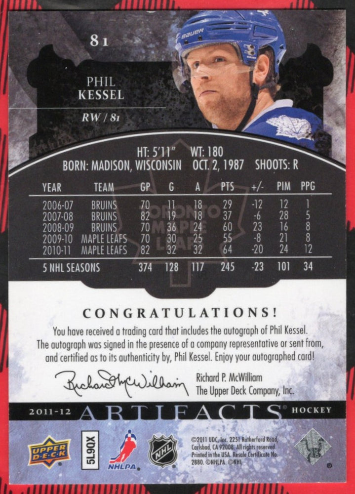 2011-12 Upper Deck Artifacts Black Auto 5/5 #81 Auto Phil Kessel /5