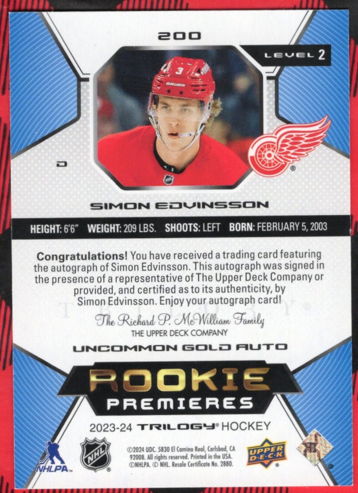 2023-24 Upper Deck Trilogy Rookie Premieres Uncommon Gold Auto #200 Rookie Rc Auto Simon Edvinsson /49