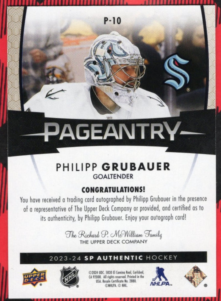 2023-24 Upper Deck Sp Authentic Pageantry P-10 Auto Philip Grubauer