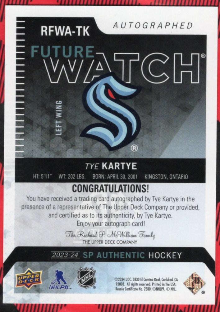 2023-24 Upper Deck Sp Authentic Autographed Future Watch Rfwa-Tk Rookie Rc Auto Tye Kartye /699