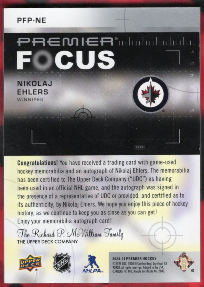 2023-24 Upper Deck Premier Hockey Premier Focus Pfp-Ne Auto Nikolaj Ehlers /50