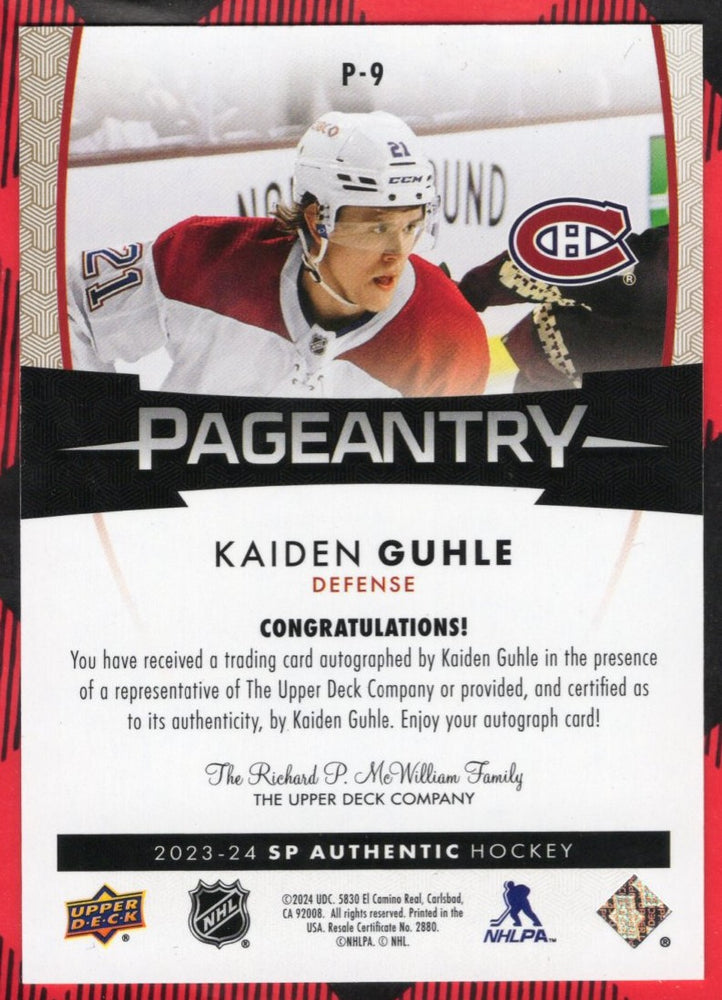 2023-24 Upper Deck Sp Authentic Pageantry P-9 Auto Kaiden Guhle