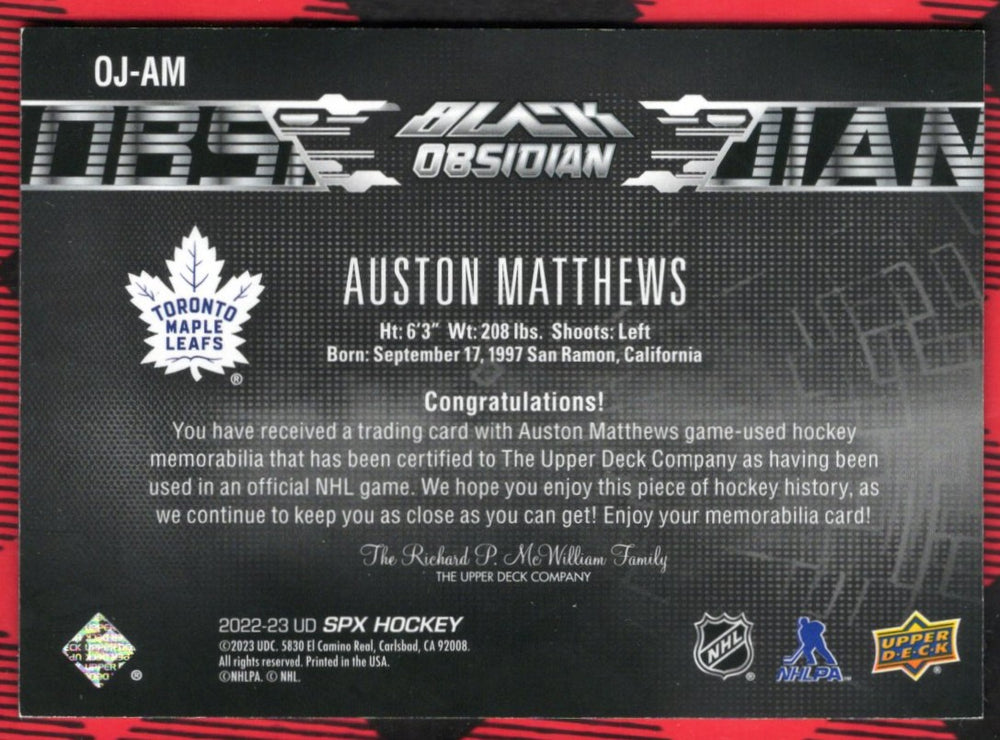 2022-23 Upper Deck Spx Obsidian Jersey Oj-Am Auston Matthews