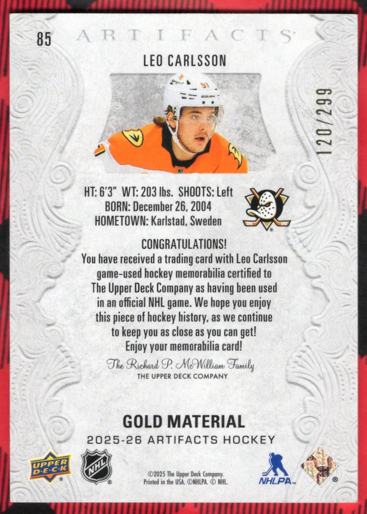 2025-26 Upper Deck Artifacts Gold Material #85 Leo Carlsson /299