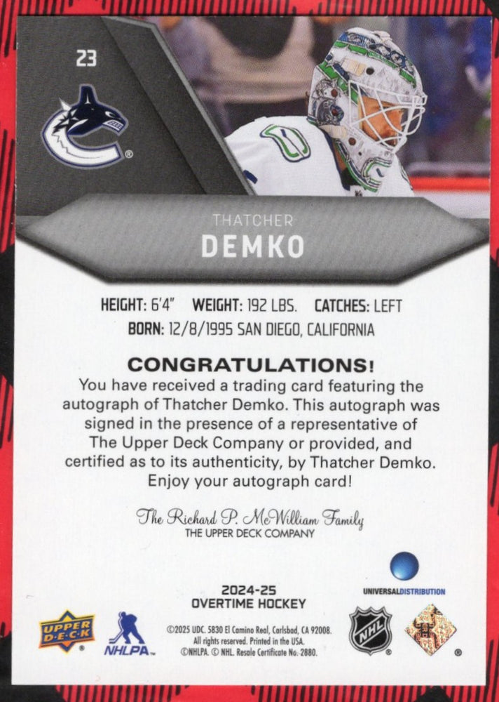 2024-25 Upper Deck Overtime Hockey Auto #23 Auto Thatcher Demko