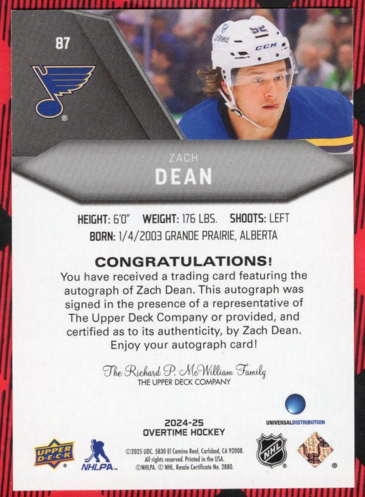 2024-25 Upper Deck Overtime Hockey Rookie Auto #87 Rookie Rc Auto Zach Dean