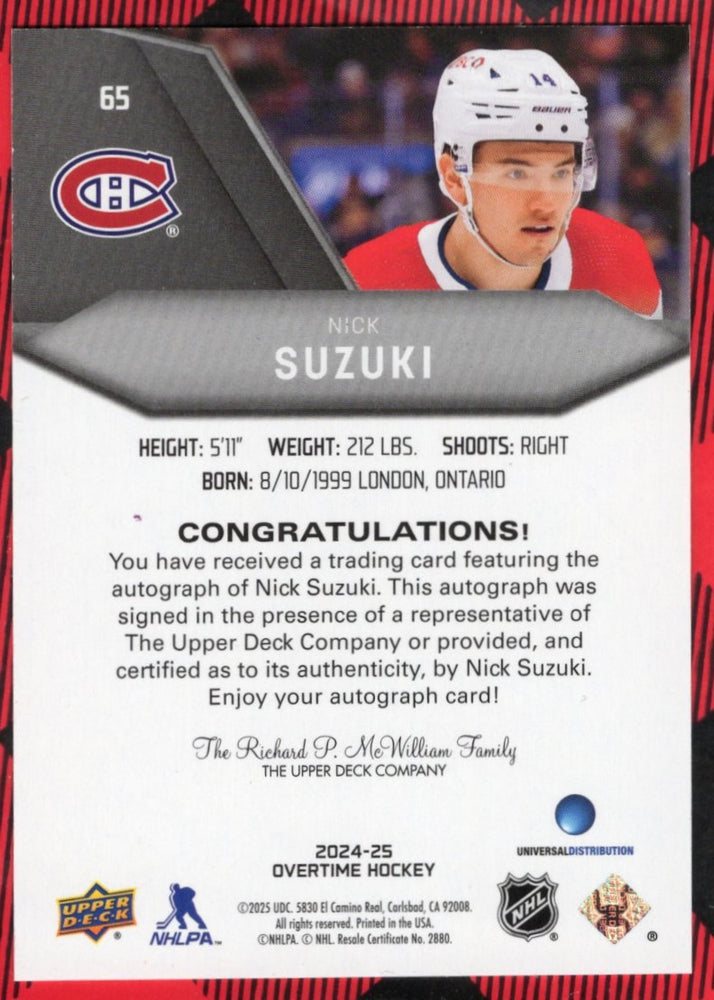2024-25 Upper Deck Overtime Hockey Auto #65 Auto Nick Suzuki