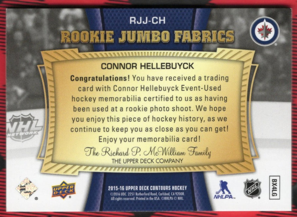 2015-16 Upper Deck Contours Hockey Rookie Jumbo Fabrics Rjj-Ch Rookie Rc Connor Hellebuyck