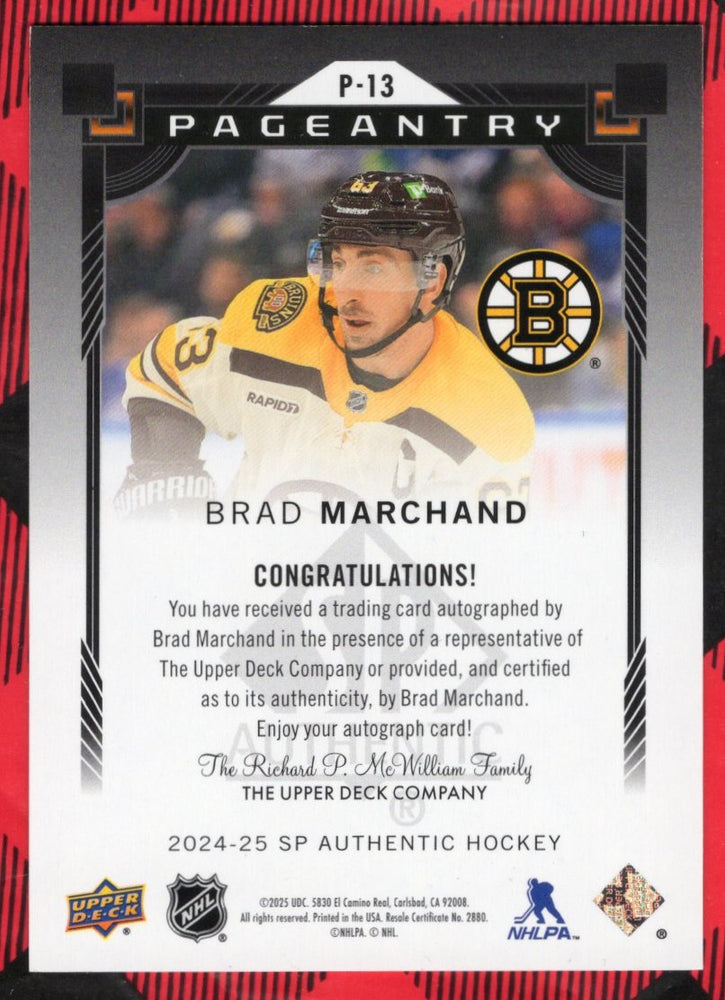 2024-25 Upper Deck Sp Authentic Pageantry P-13 Auto Brad Marchand