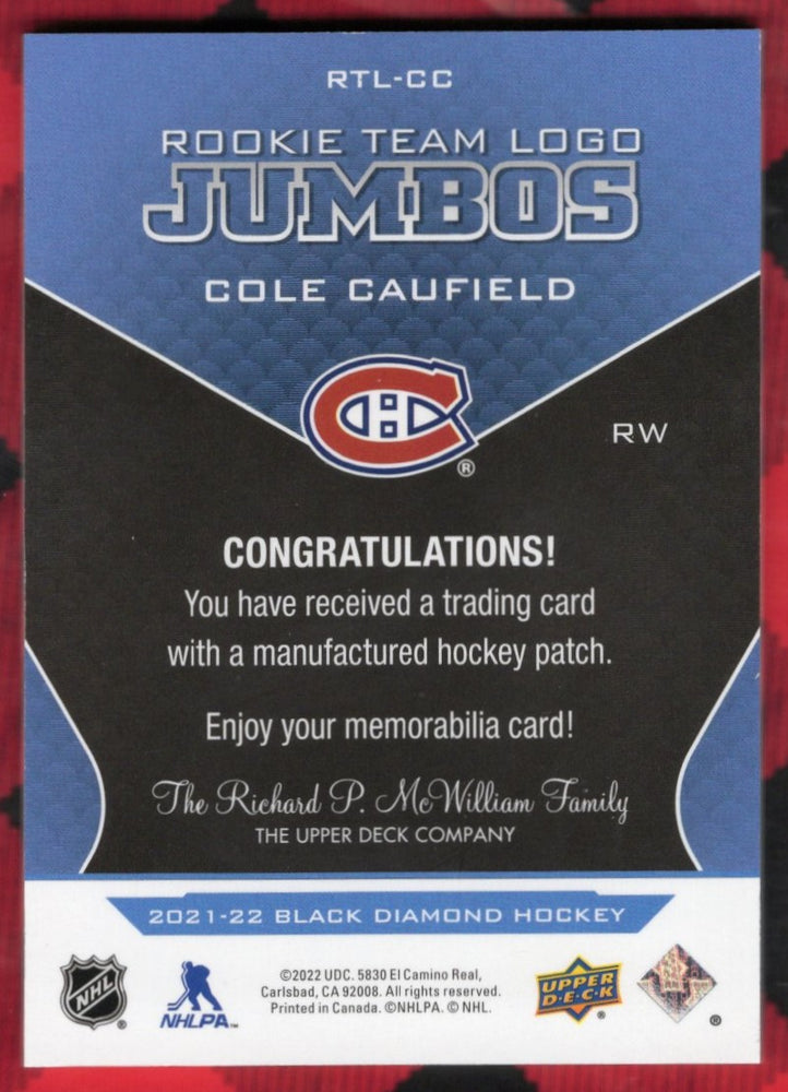 2021-22 Upper Deck Black Diamond Rookie Team Logo Jumbos Rtl-Cc Rookie Rc Cole Caufield