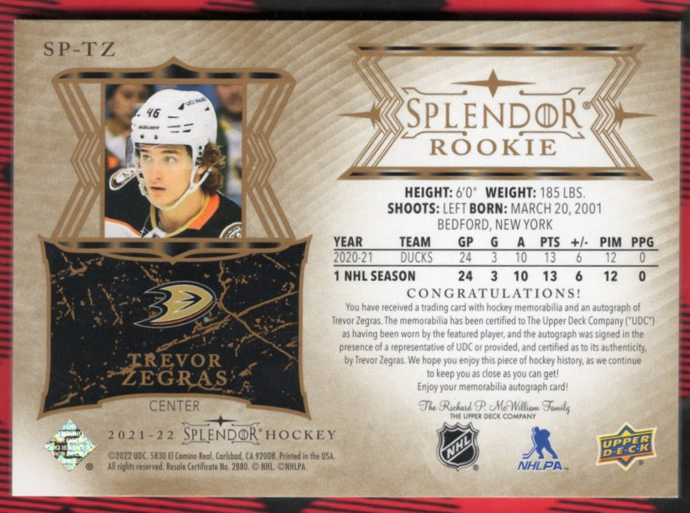 2021-22 Upper Deck Splendor Hockey Splendor Rookie Sp-Tz Rookie Rc Auto Trevor Zegras /49