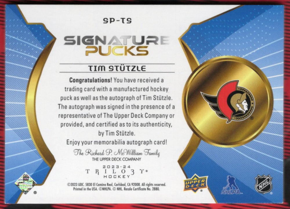 2023-24 Upper Deck Trilogy Hockey Signature Pucks Sp-Ts Auto Tim Stutzle /24