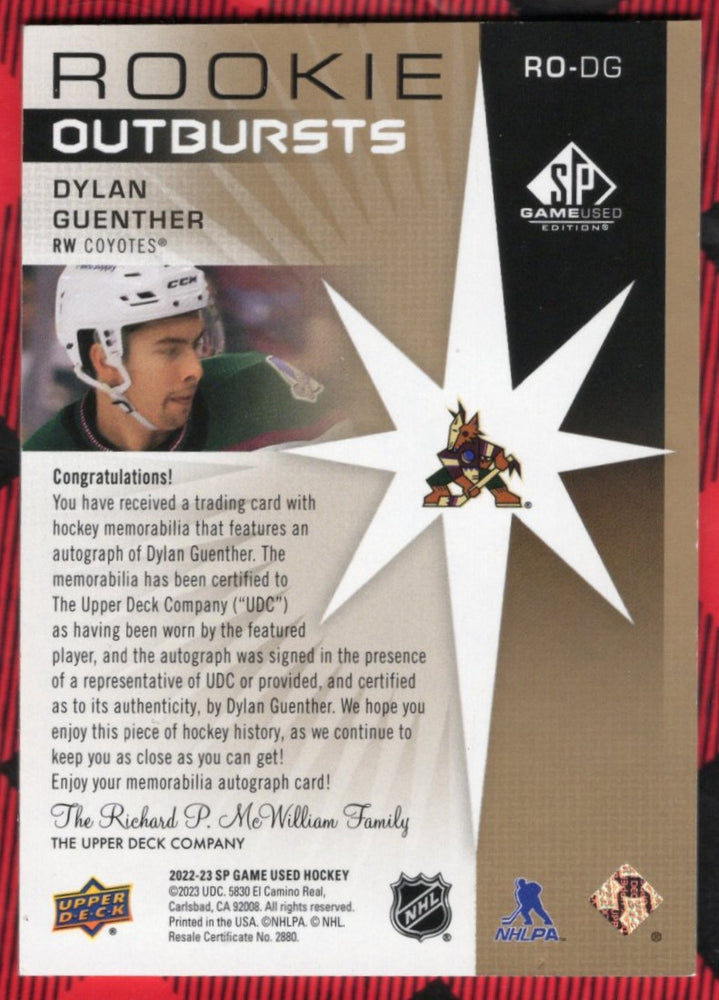 2022-23 Upper Deck Sp Game Used Rookie Outbursts Ro-Dg Rookie Rc Auto Dylan Guenther
