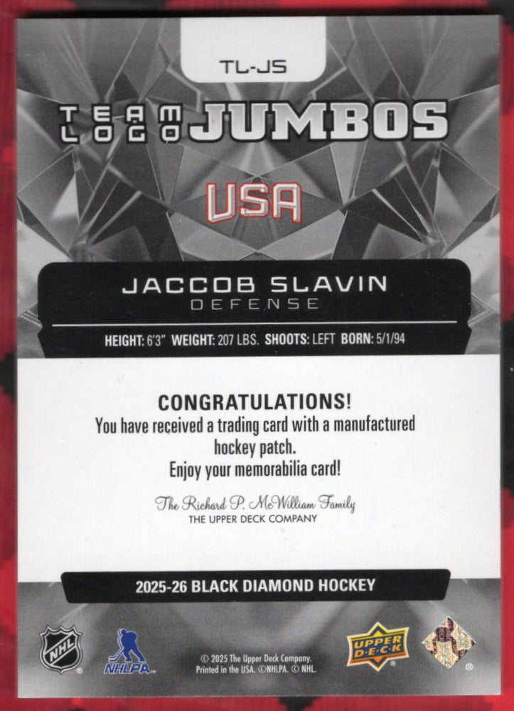 2025-26 Upper Deck Black Diamond Hockey Team Logo Jumbos Tl-Js Jaccob Slavin /15