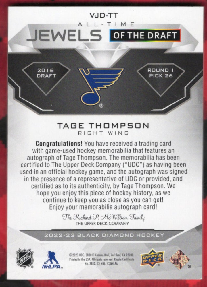 2022-23 Upper Deck Black Diamond Hockey Jewels Of The Draft Vjd-Tt Auto Tage Thompson /49