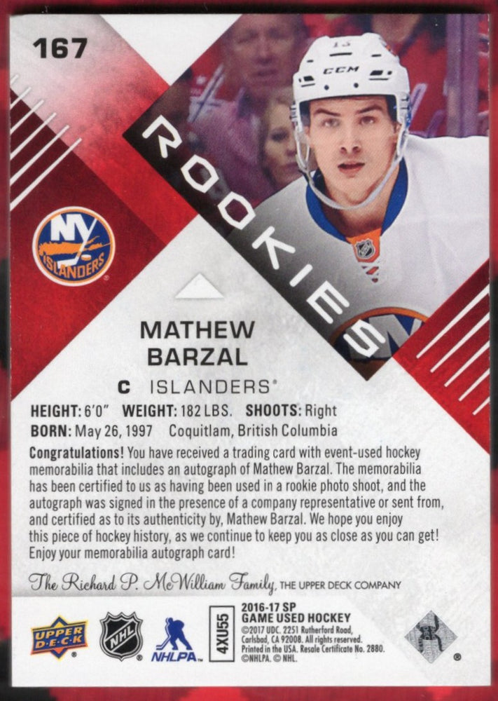 2016-17 Upper Deck Sp Game Used Authentic Rookies Auto Patch #167 Rookie Rc Auto Mat Barzal /25