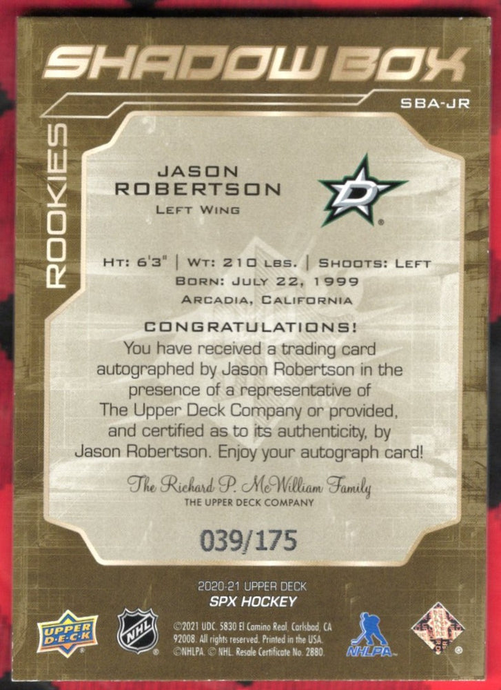2020-21 Upper Deck Spx Hockey Shadowbox Rookies Sba-Jr Rookie Rc Auto Jason Robertson /175
