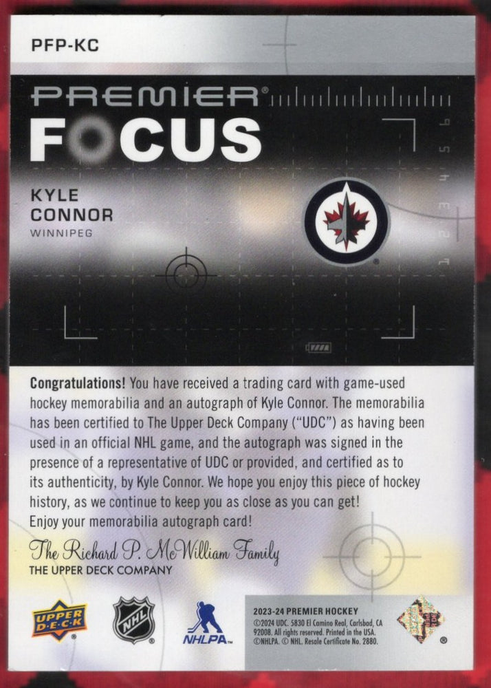 2023-24 Upper Deck Premier Hockey Premier Focus Pfp-Kc Auto Kyle Connor /50