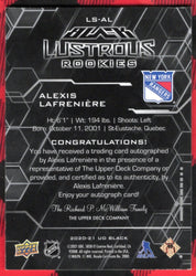 2020-21 Upper Deck Ud Black Lustrous Rookies Ls-Al Rookie Rc Auto Alexis Lafreniere /199