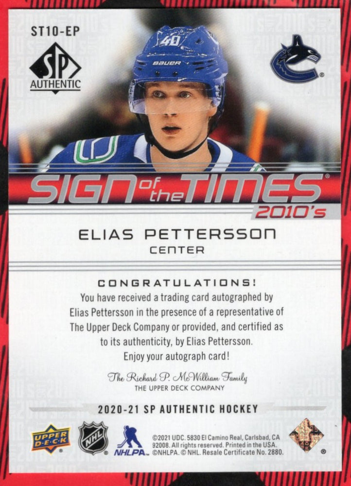 2020-21 Upper Deck Sp Authentic Sign Of The Times 2010'S St10-Ep Auto Elias Petterssoon