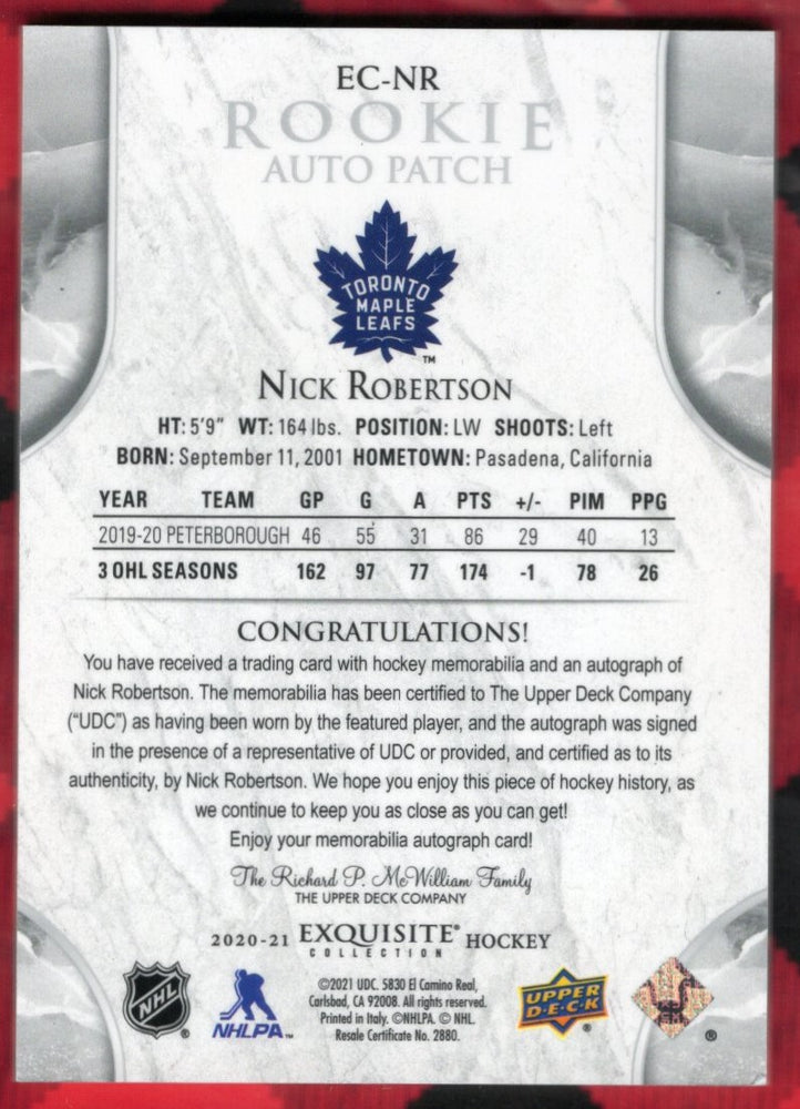 2020-21 Upper Deck Exquisite Collection Rookie Auto Patch Ec-Nr Rookie Rc Auto Nick Roberston /99