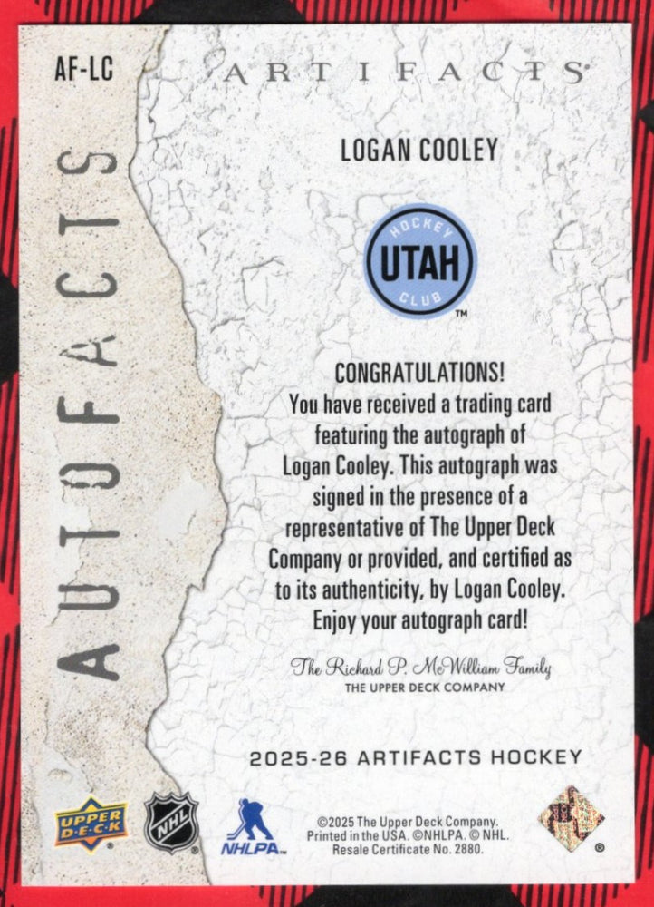 2025-26 Upper Deck Artifacts Autofacts Af-Lc Auto Logan Cooley