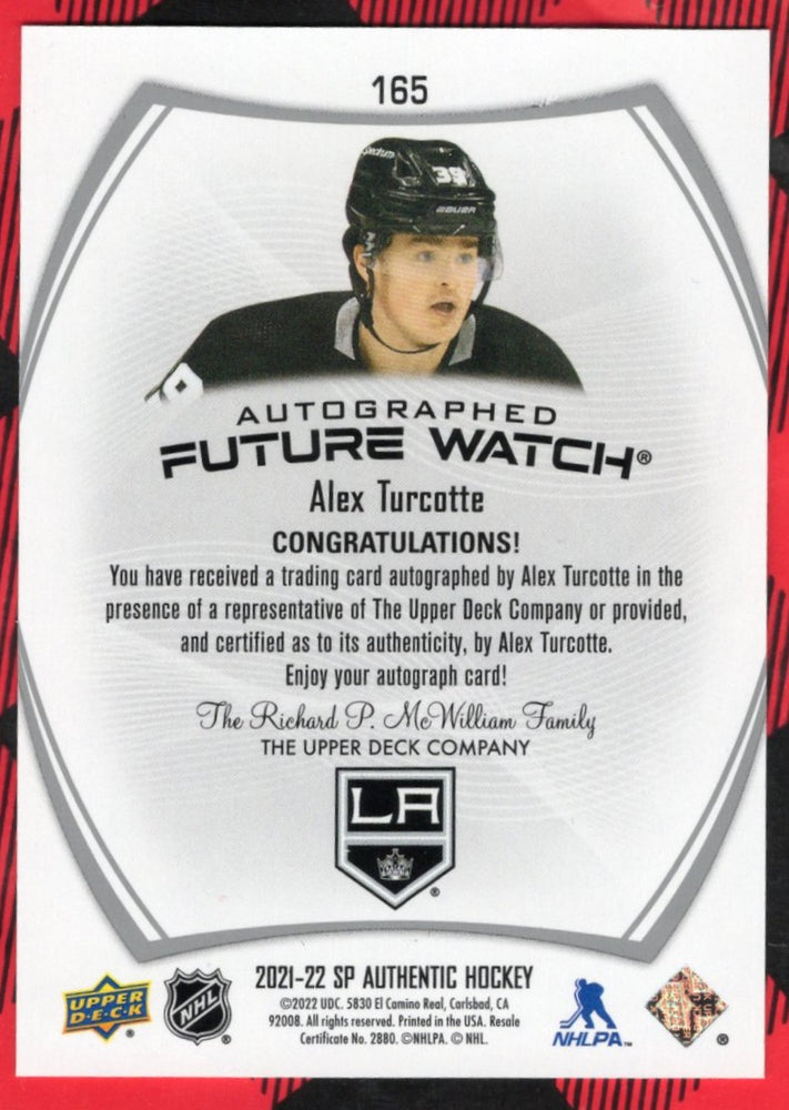 2021-22 Upper Deck Sp Authentic Autographed Future Watch #165 Rookie Rc Auto Alex Turcotte /999