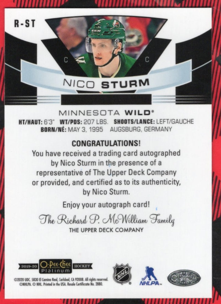 2019-20 Upper Deck O-Pee-Chee Platinum Rookie Autos R-St Rookie Rc Auto Nico Sturm