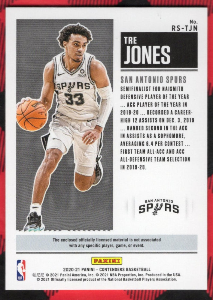 2020-21 Panini Contenders Rookie Ticket Patch Rd-Tjn Rookie Rc Tre Jones
