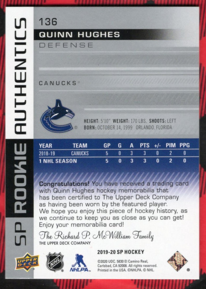 2019-20 Upper Deck Sp Hockey Sp Rookie Authentics #136 Rookie Rc Quinn Hughes