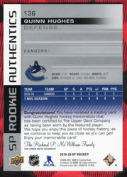 2019-20 Upper Deck Sp Hockey Sp Rookie Authentics #136 Rookie Rc Quinn Hughes