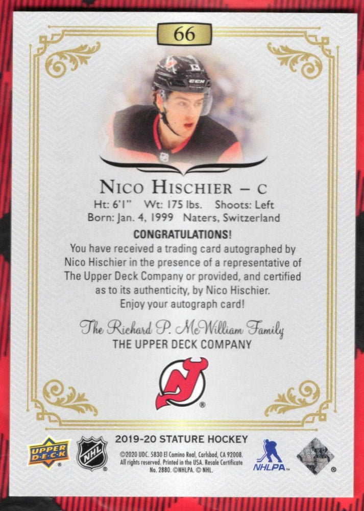 2019-20 Upper Deck Stature Green Auto #66 Auto Nico Hischier (1)/65
