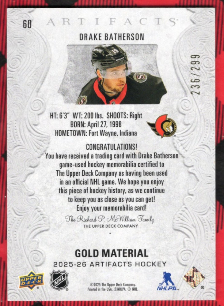 2024-25 Upper Deck Artifacts Gold Material #60 Drake Batherson /299