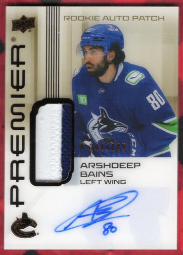 2024-25 Upper Deck Premier Premier Auto Patch Ar-Ab Rookie Rc Auto Arshdeep Bains /249